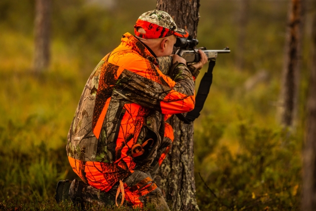 Hunter with rifle in forest